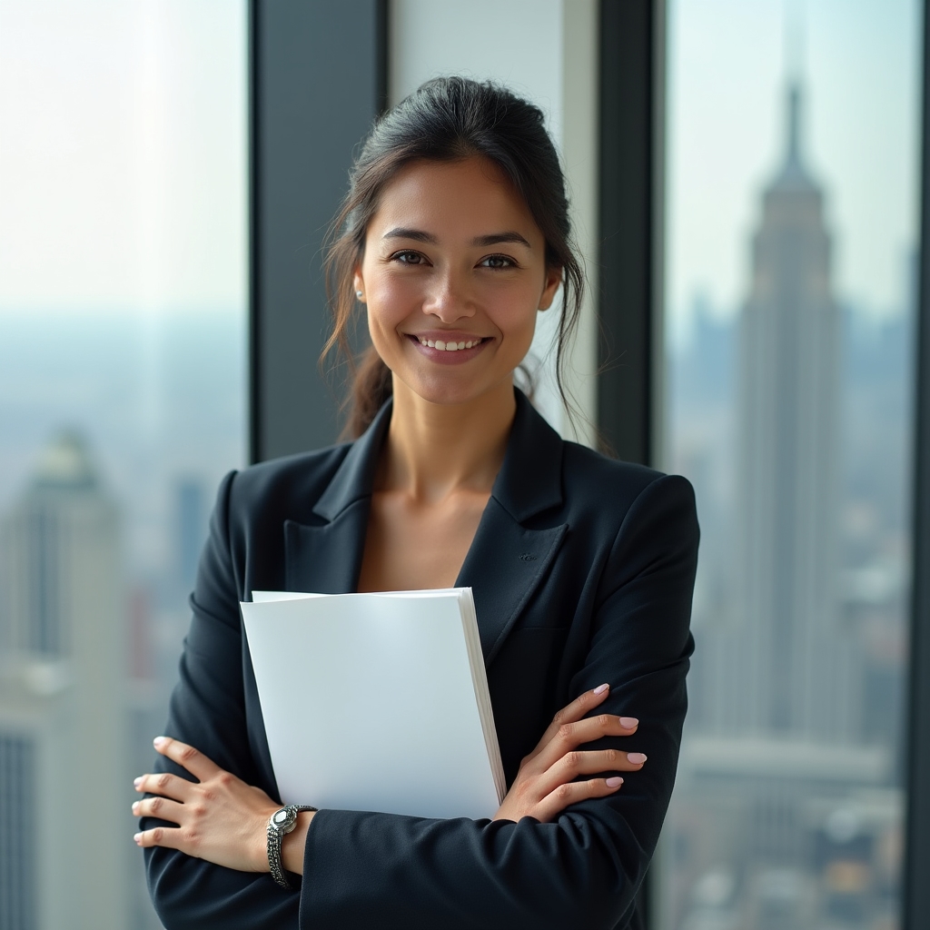Sleep science educator reviewing notes at a desk with city view