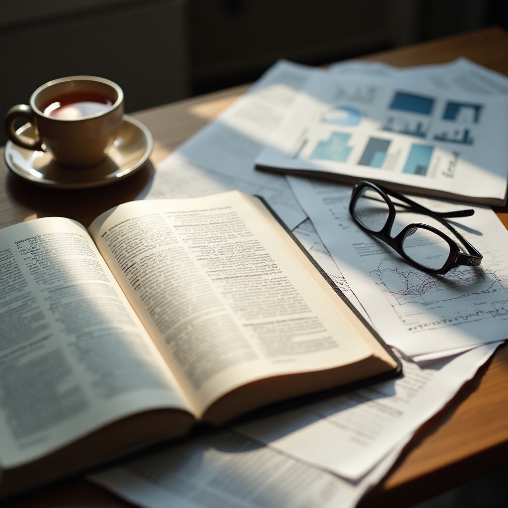 Desk covered with open sleep research journals, a notepad, and reading glasses